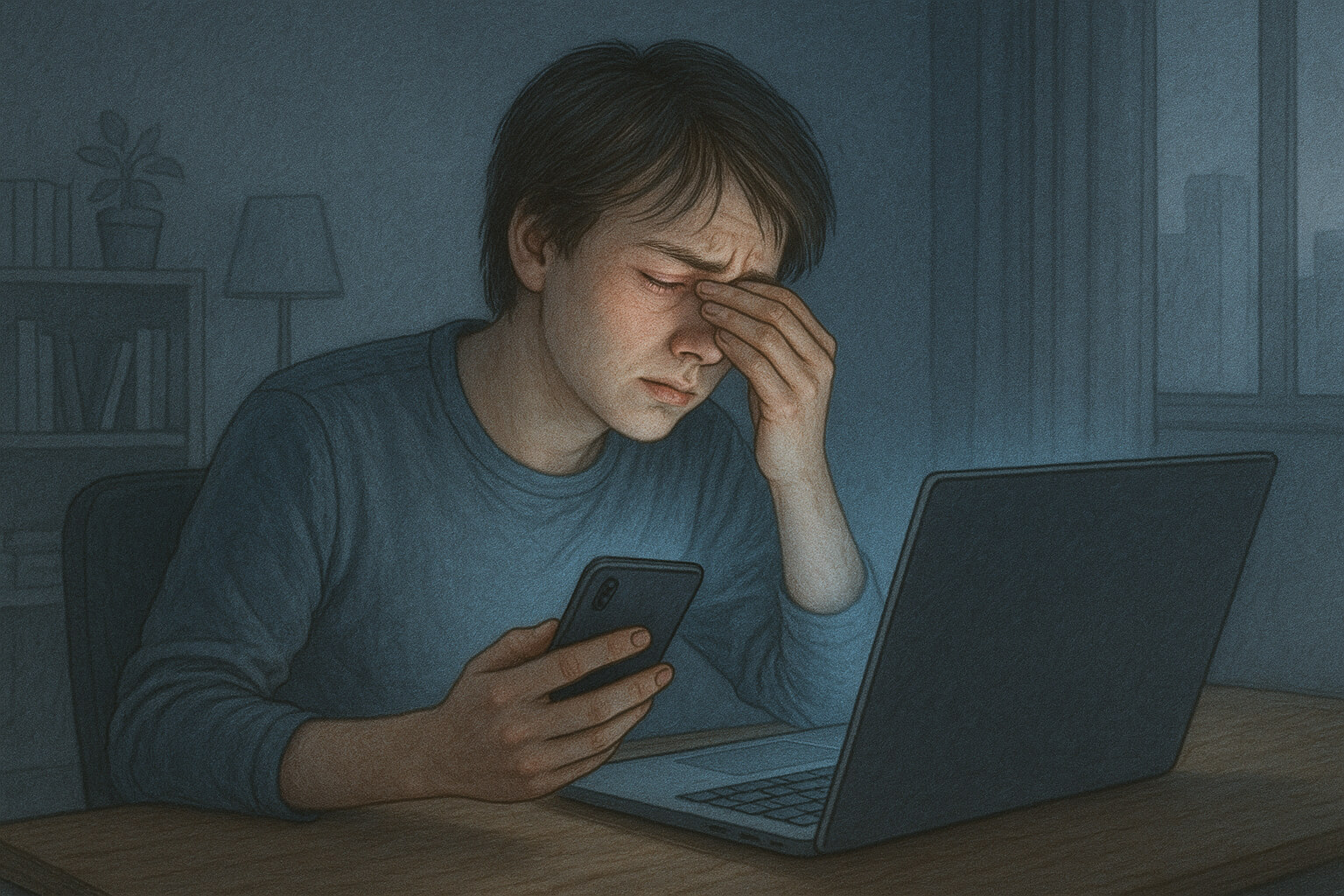 Person experiencing eye strain from prolonged screen time, with glowing screens symbolizing digital impact on vision.