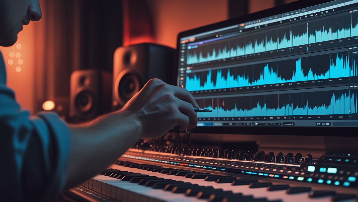 Music producer using reverb and delay plugins in a digital audio workstation on a studio setup.