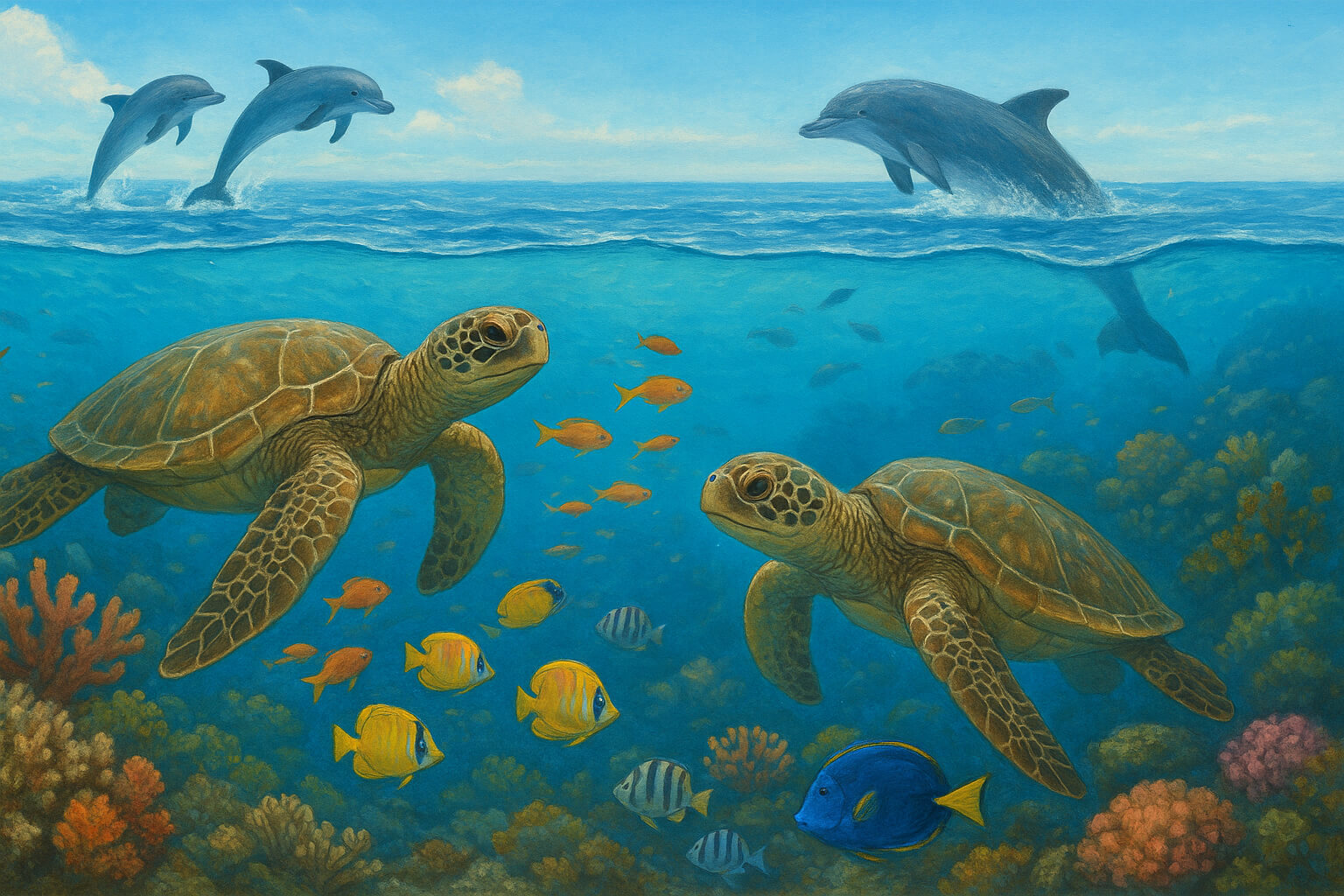 Thriving marine life including sea turtles, dolphins, fish, and coral reefs representing ocean conservation.