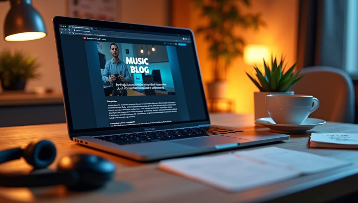 Laptop showing a music blog with coffee cup, headphones, and sheet music on a cozy desk.