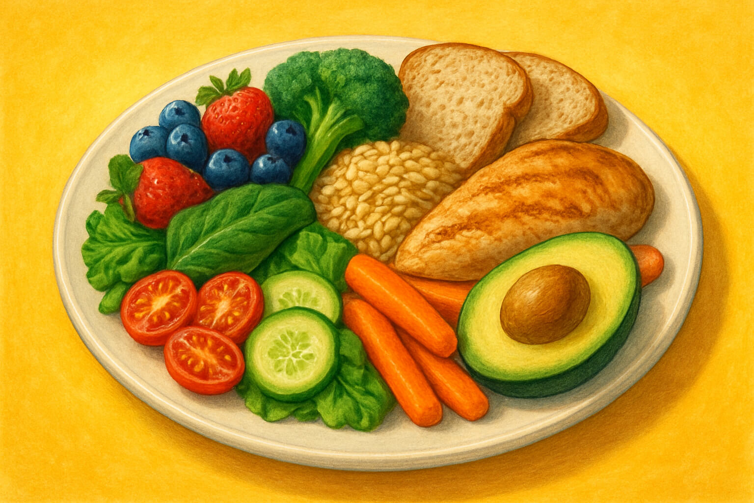 A colorful plate of fresh fruits, vegetables, grains, and proteins representing balanced nutrition for overall health and well-being.