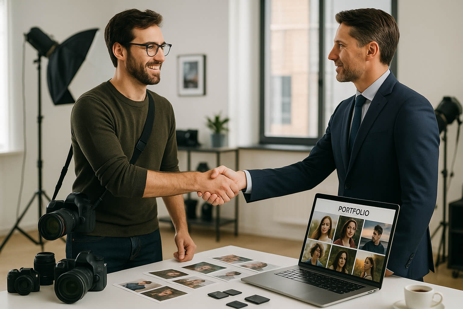 Photographer meeting with a high-paying client in a modern studio setting, discussing premium photo services.