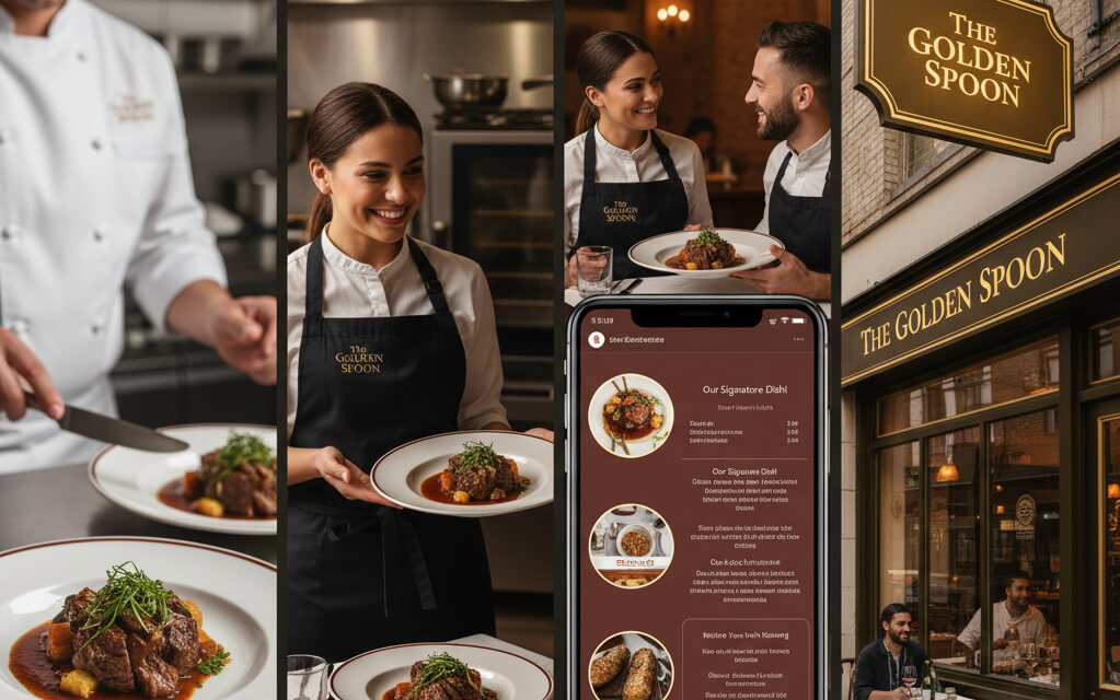 Restaurant demonstrating consistent branding with cohesive décor, menu, and staff uniforms