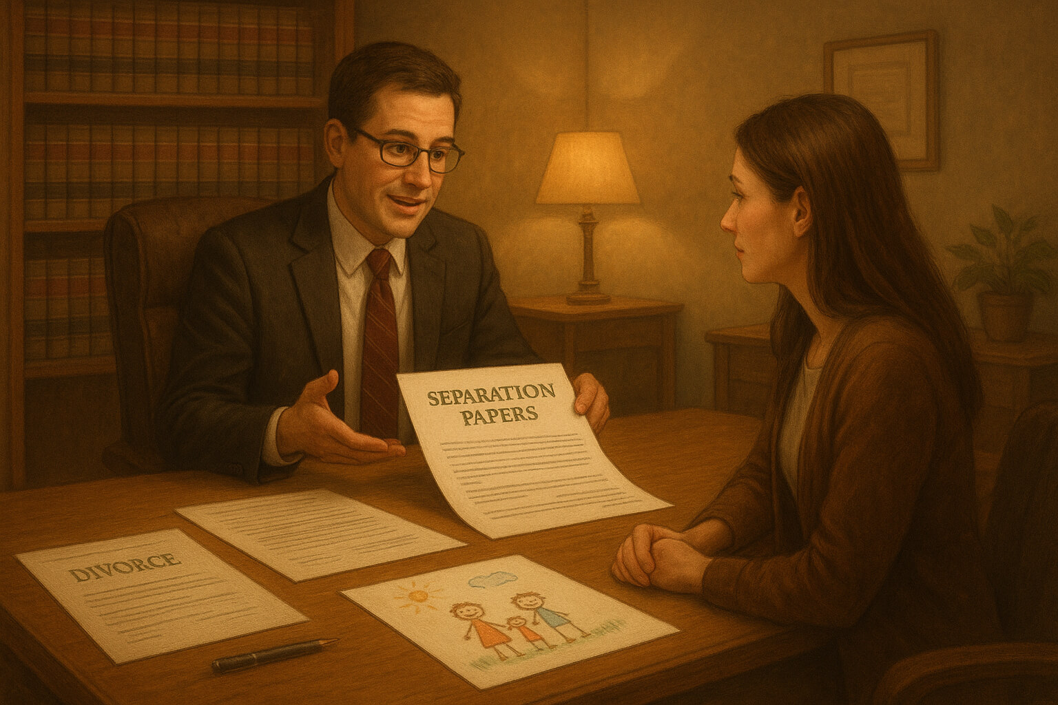 Family law attorney offering compassionate counsel to a client reviewing divorce papers.