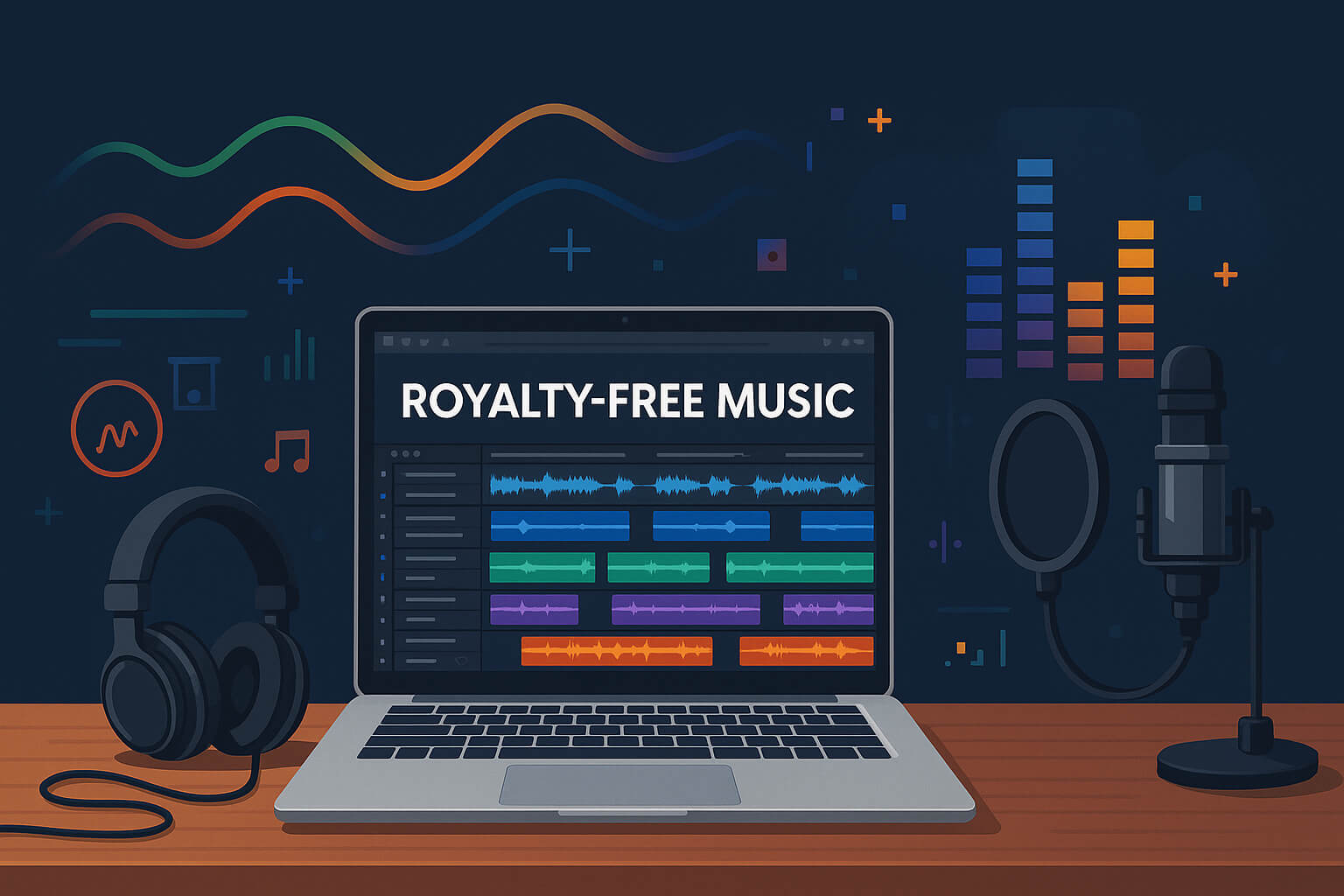 Creative workstation with music software, headphones, mic, and waveform graphics representing tools for royalty-free music platforms.