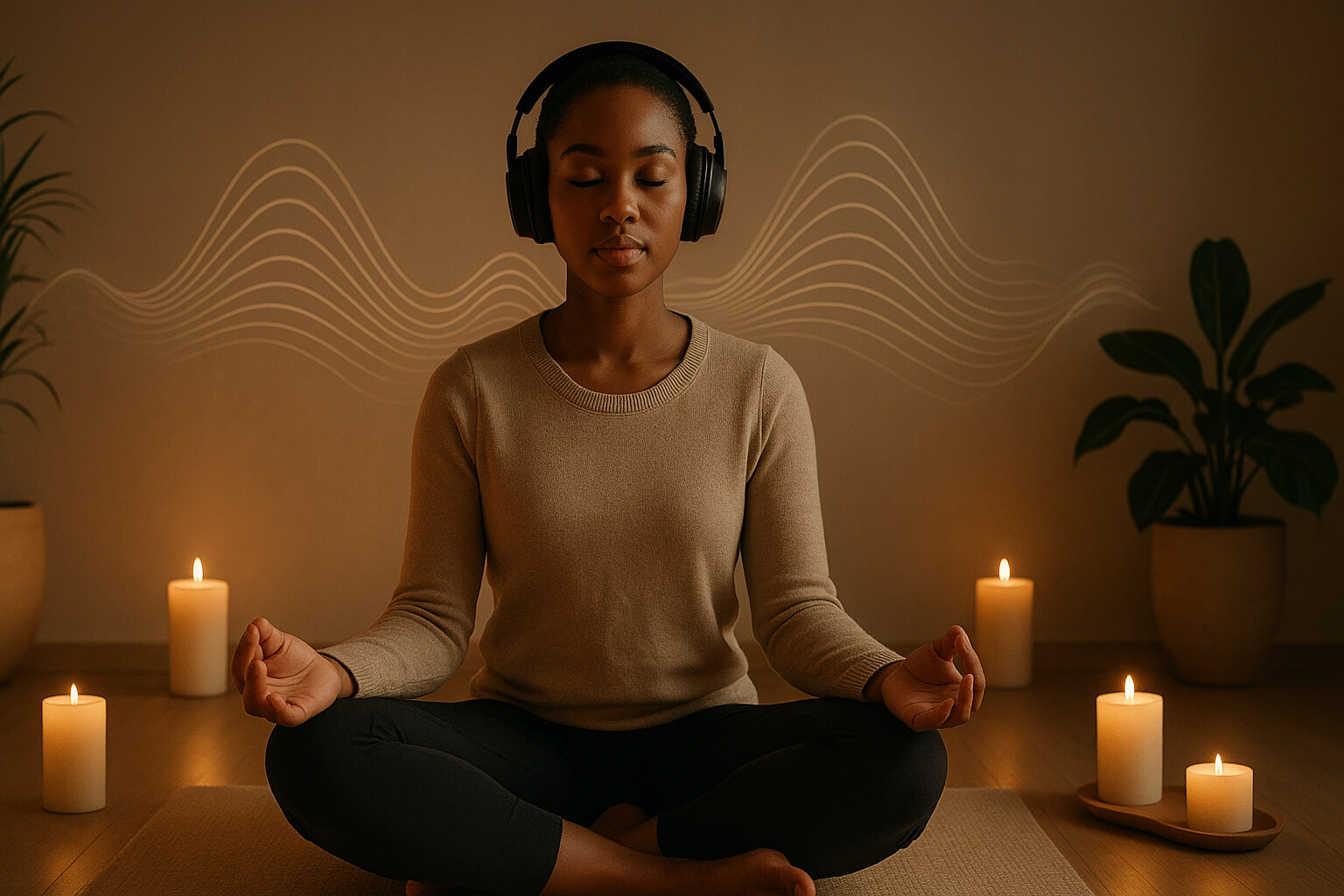 Person meditating with headphones in a calming, candle-lit space