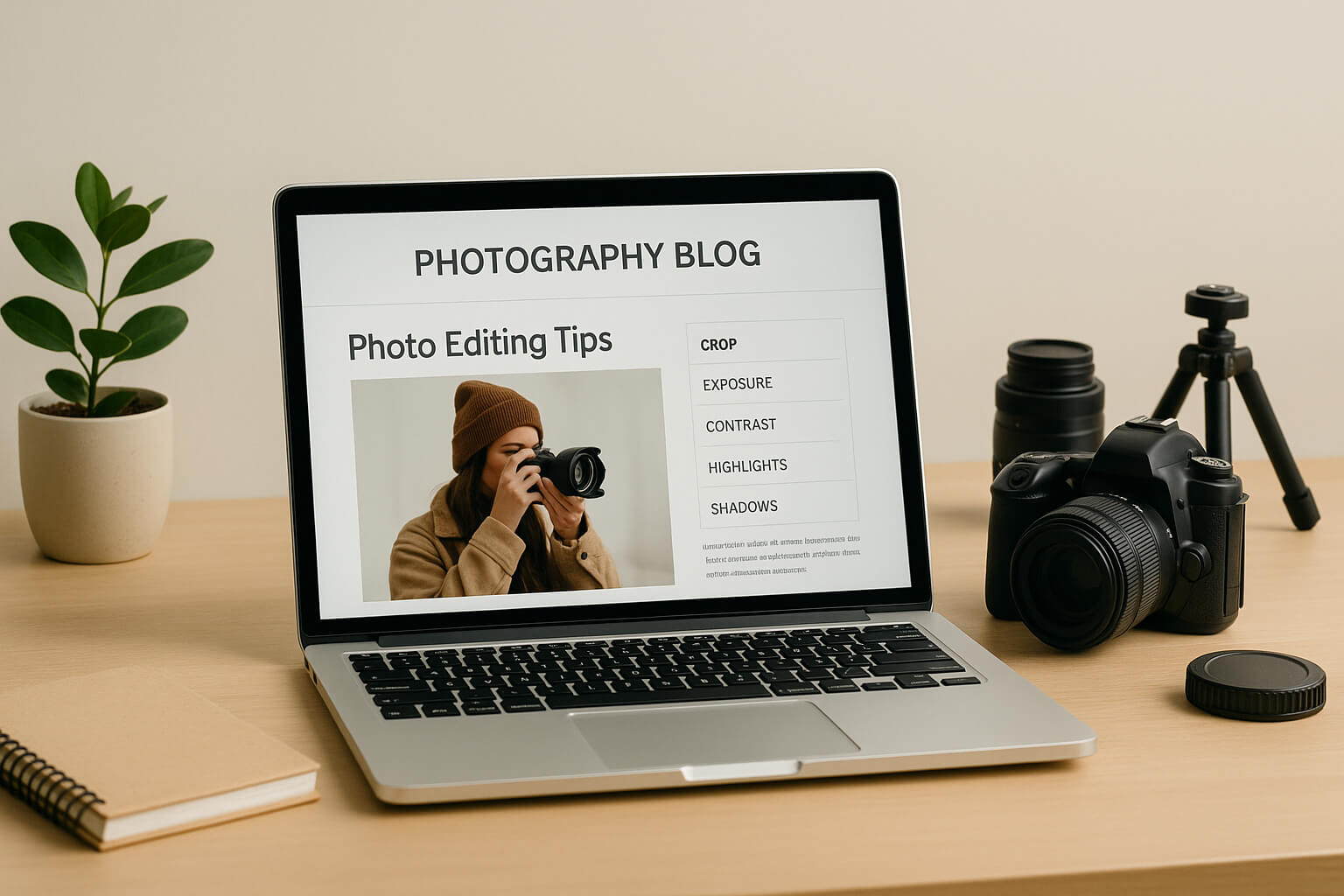 Photography setup with a laptop displaying a photography blog tutorial, camera equipment, and photography accessories on a modern desk.