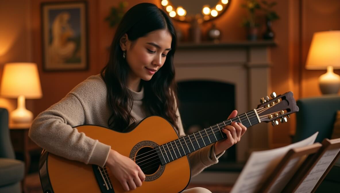 Beginner learning on a classic nylon-string guitar at home