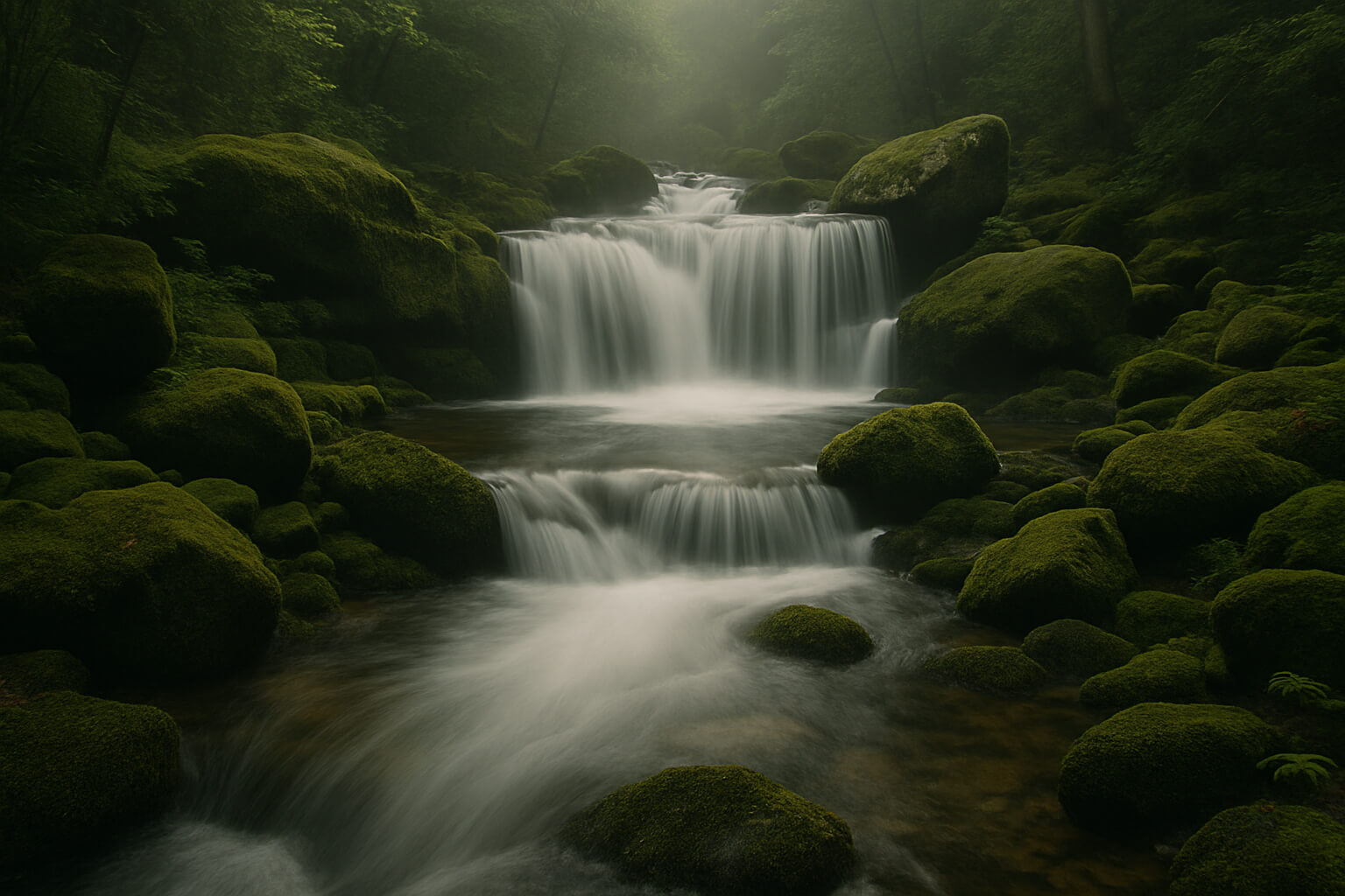 Long exposure photograph of a waterfall flowing smoothly over rocks in a forest, creating a dreamy, blurred water effect.