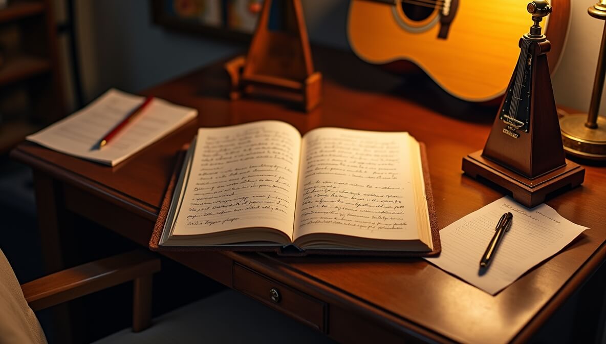 Comfortable guitar practice corner with guitar, notebook, and metronome in warm lighting.