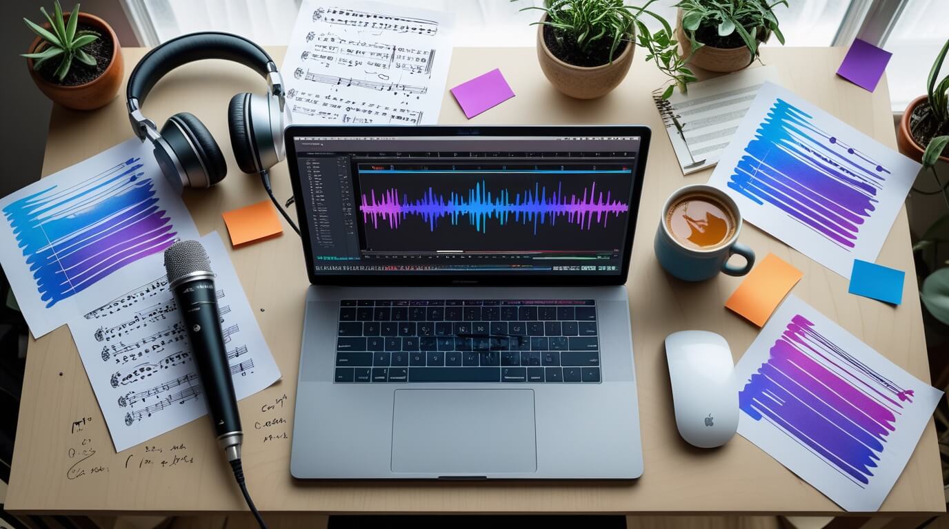 Creative workspace with laptop editing software, headphones, and sheet music for royalty-free music projects