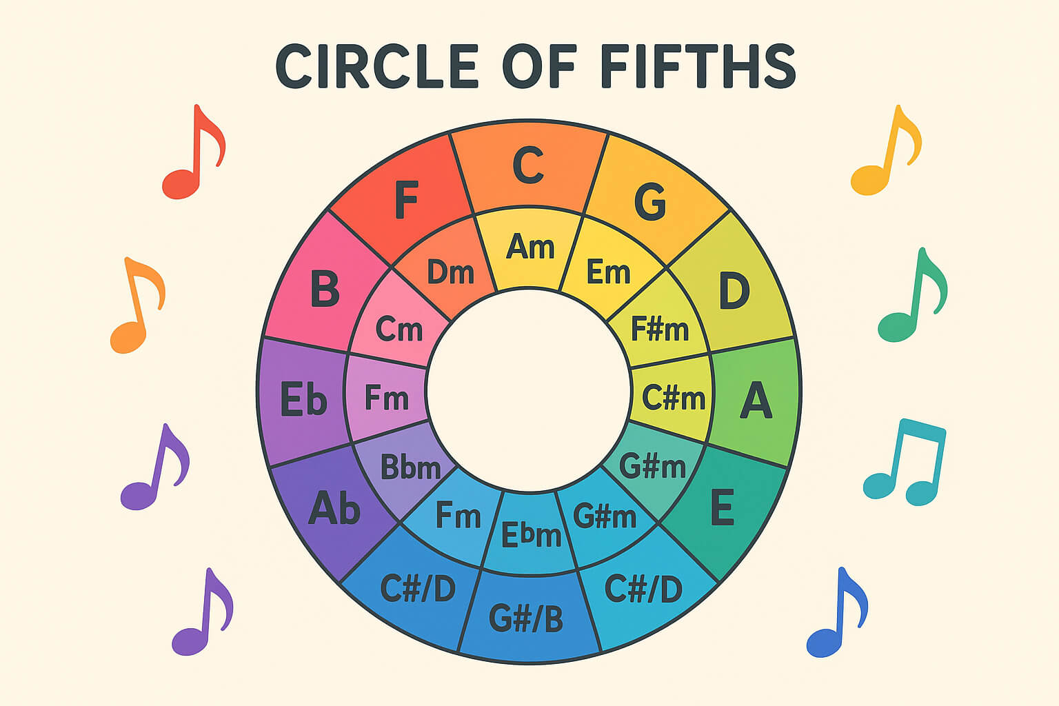 Beginner-friendly Circle of Fifths diagram showing key relationships