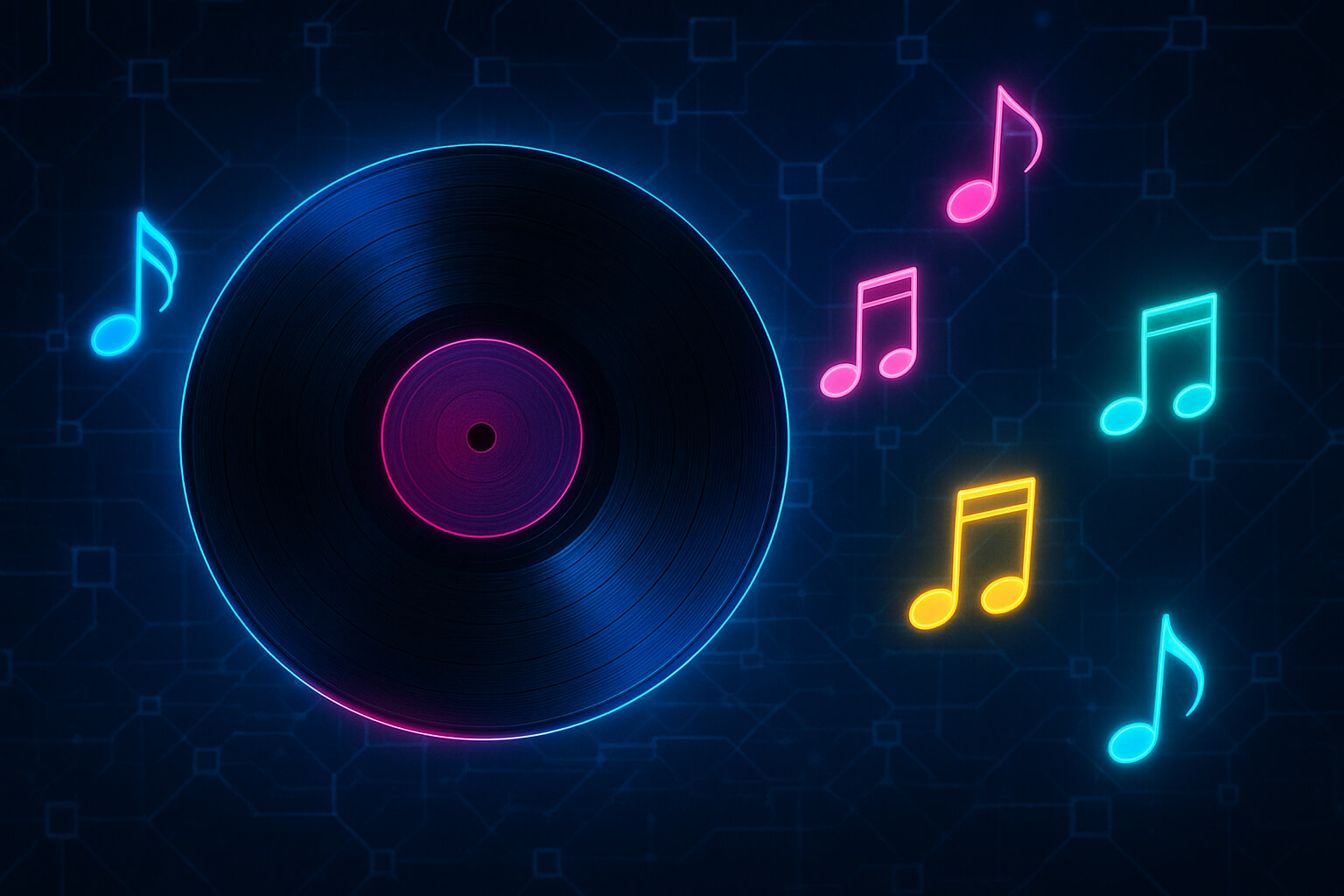 Futuristic vinyl record over blockchain network representing NFTs in music