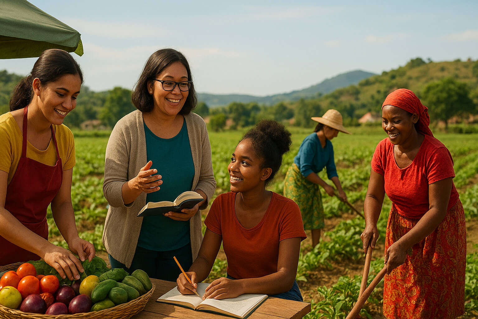 Empowered women contributing to community growth through education, entrepreneurship, and agriculture, illustrating the role of women’s empowerment in poverty reduction.