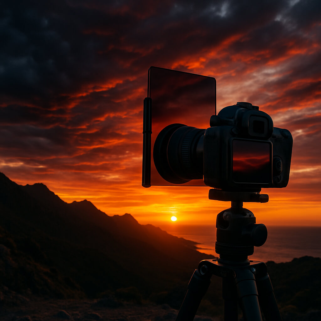 Landscape photography using polarizing and ND filters to enhance color, contrast, and drama in a mountain sunset scene.