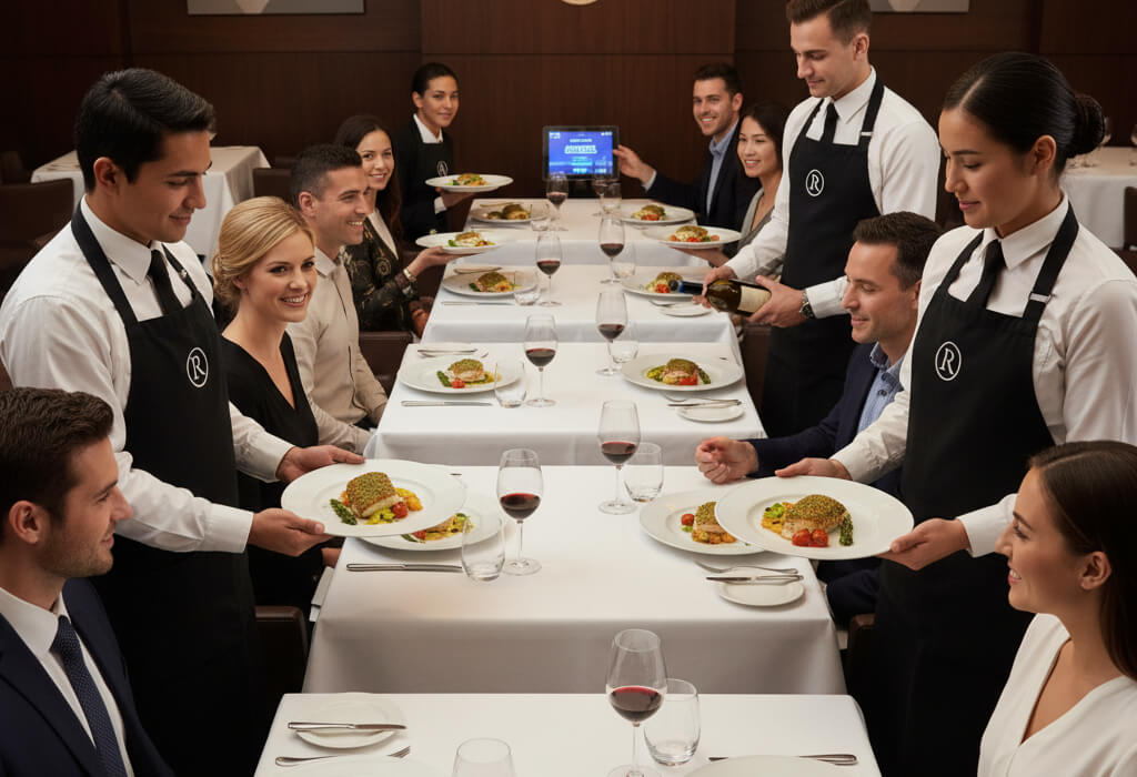Restaurant staff providing consistent service with identical table settings and perfectly presented dishes, enhancing guest satisfaction and brand experience.