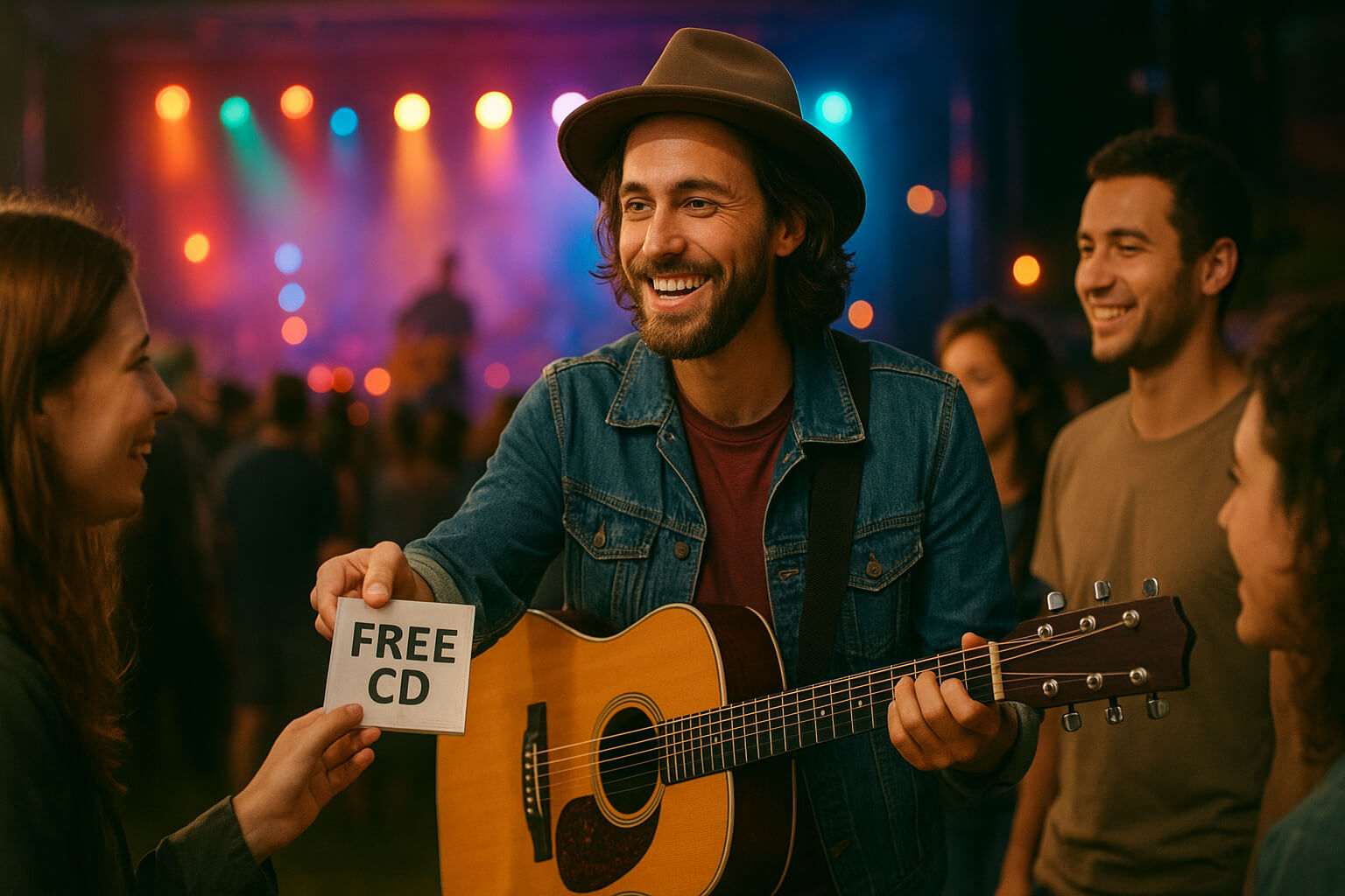 Independent musician giving away free CDs to fans at a festival.