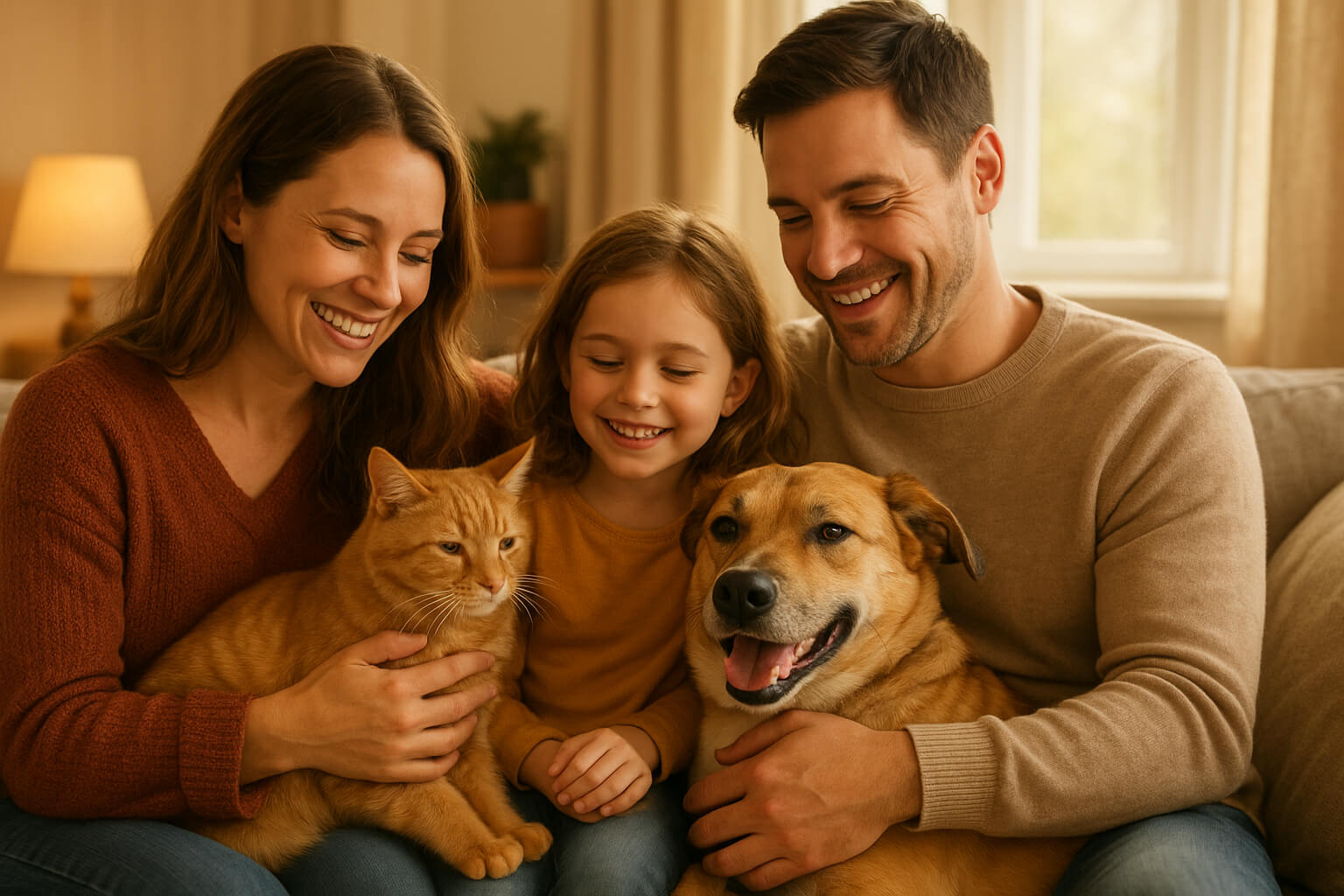 Adopted dog and cat cuddling with a happy family in their new home, symbolizing second chances through pet adoption.