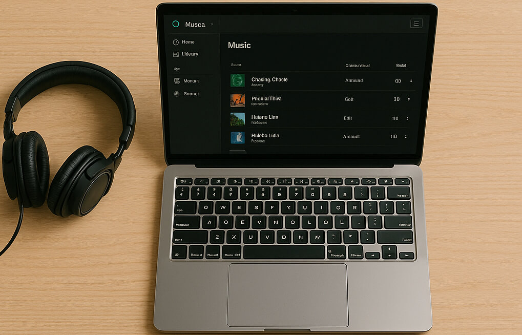 Music producer's workspace with free royalty-free music downloads on screen.