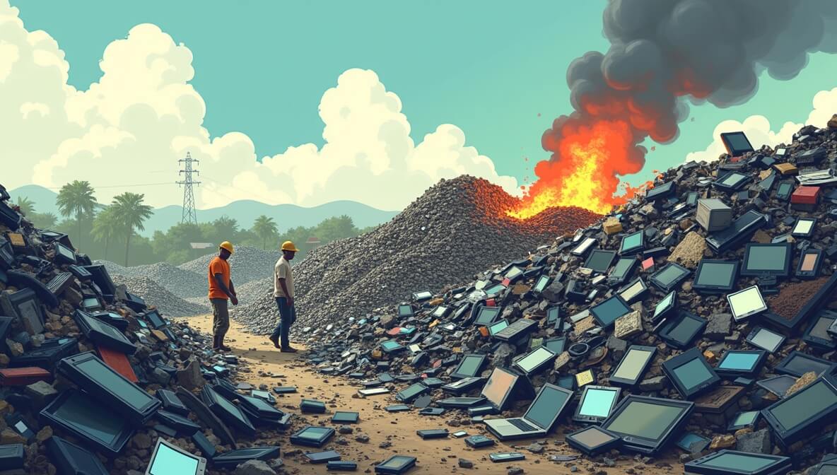 Discarded electronics piled in a landfill with workers recycling e-waste and toxic smoke in the background.
