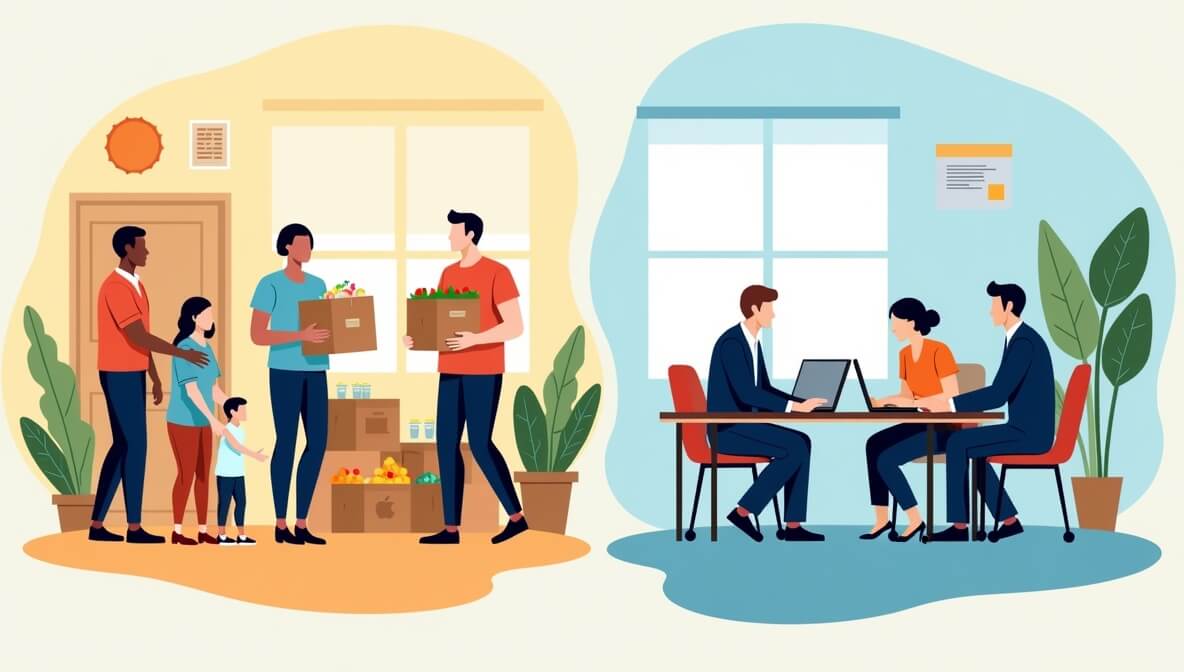 A split-screen illustration showing a non-profit community project on one side and a corporate office on the other, highlighting their differences.