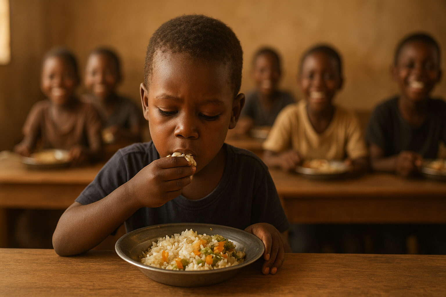 Child receiving a nutritious meal through a hunger relief program in a school setting.
