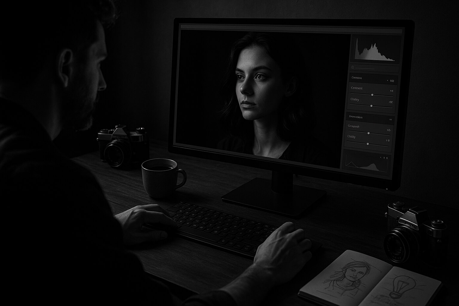 Dramatic black and white portrait with strong side lighting and rich facial textures.