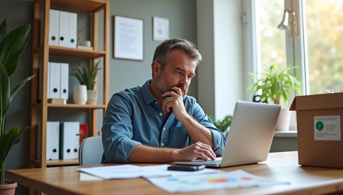 Person researching a non-profit organization before donating, with documents, laptop, and charity icons.