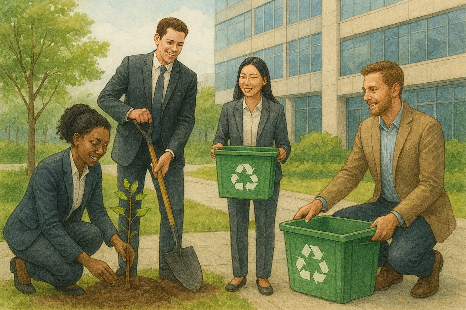 Business team planting trees as part of a Corporate Social Responsibility (CSR) initiative, symbolizing sustainability and community impact.