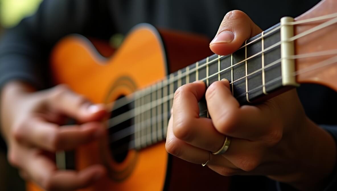 Close-up of a ukulele player demonstrating barre chords technique
