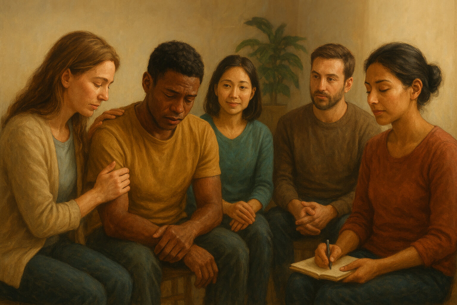 People finding comfort and support in a grief counseling session, highlighting healing and resilience.