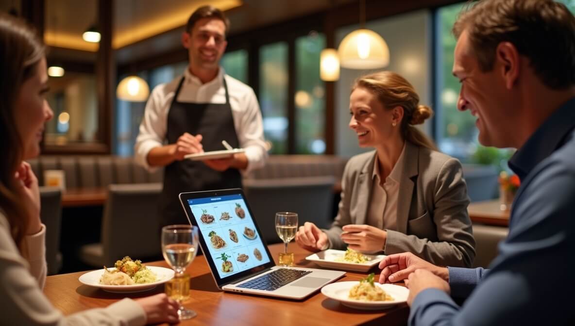 Guests using a digital menu on a tablet in a modern restaurant, highlighting improved dining experience and reduced costs for restaurants.