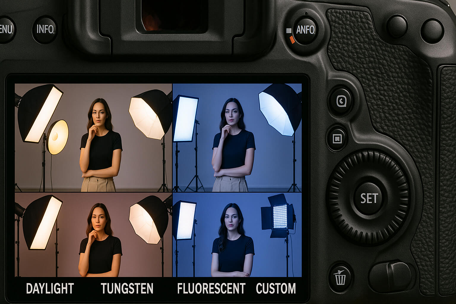 Camera LCD showing different white balance settings with varying color tones.