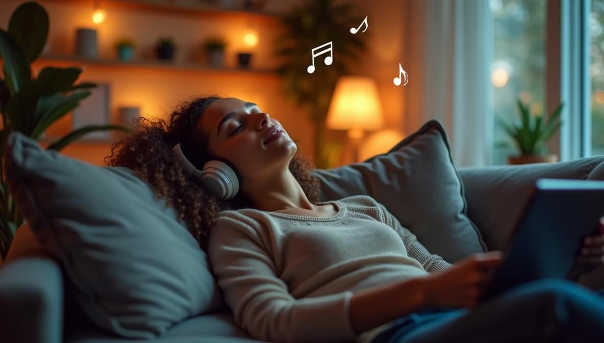 Person listening to relaxing music with headphones in a peaceful indoor space, using calming background music for stress relief.