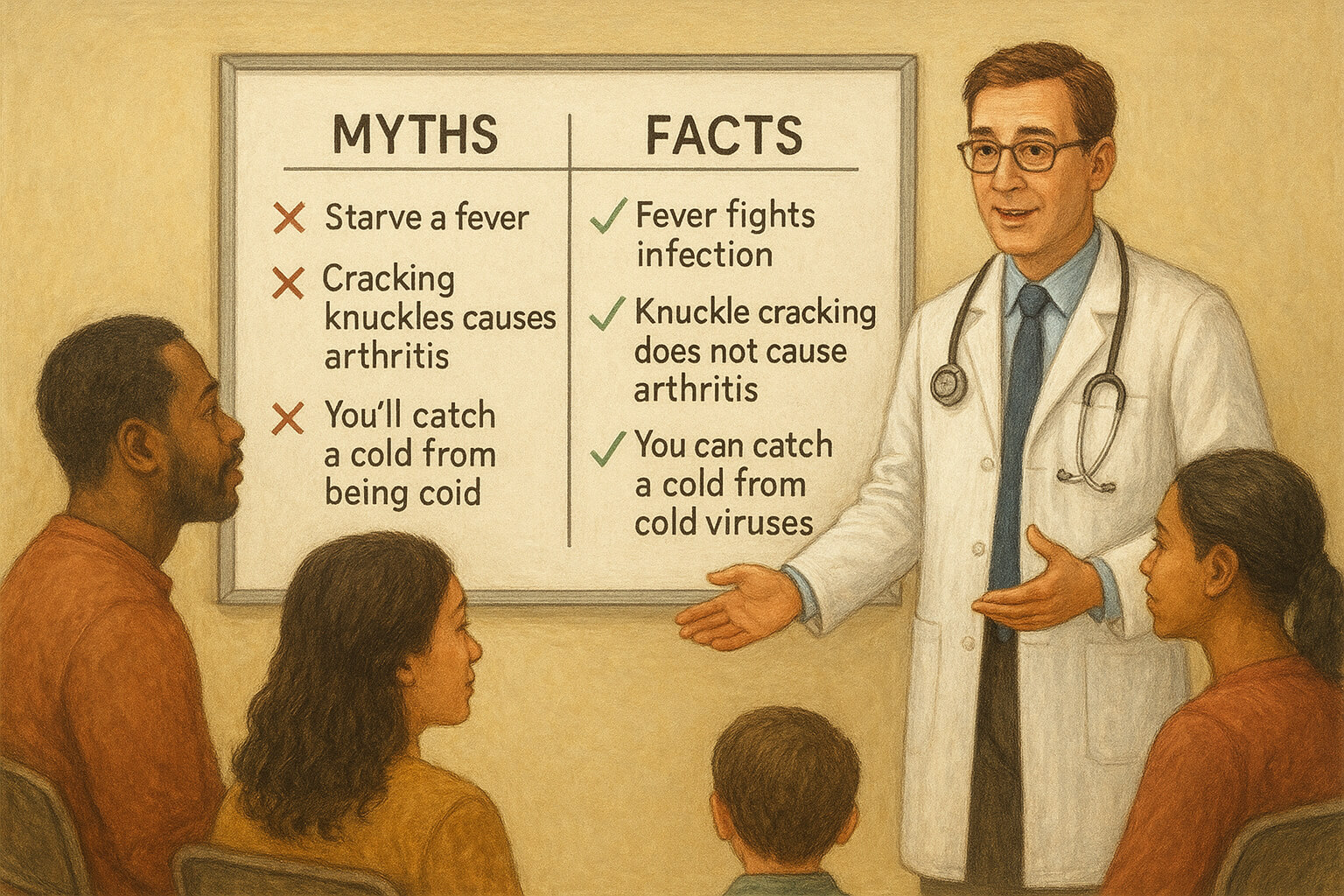 Doctor explaining health facts to patients, with myth vs fact illustrations on a board.