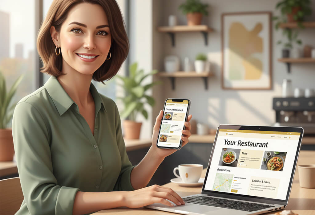 Restaurant owner easily managing a simple restaurant website with menu and reservations on laptop and phone