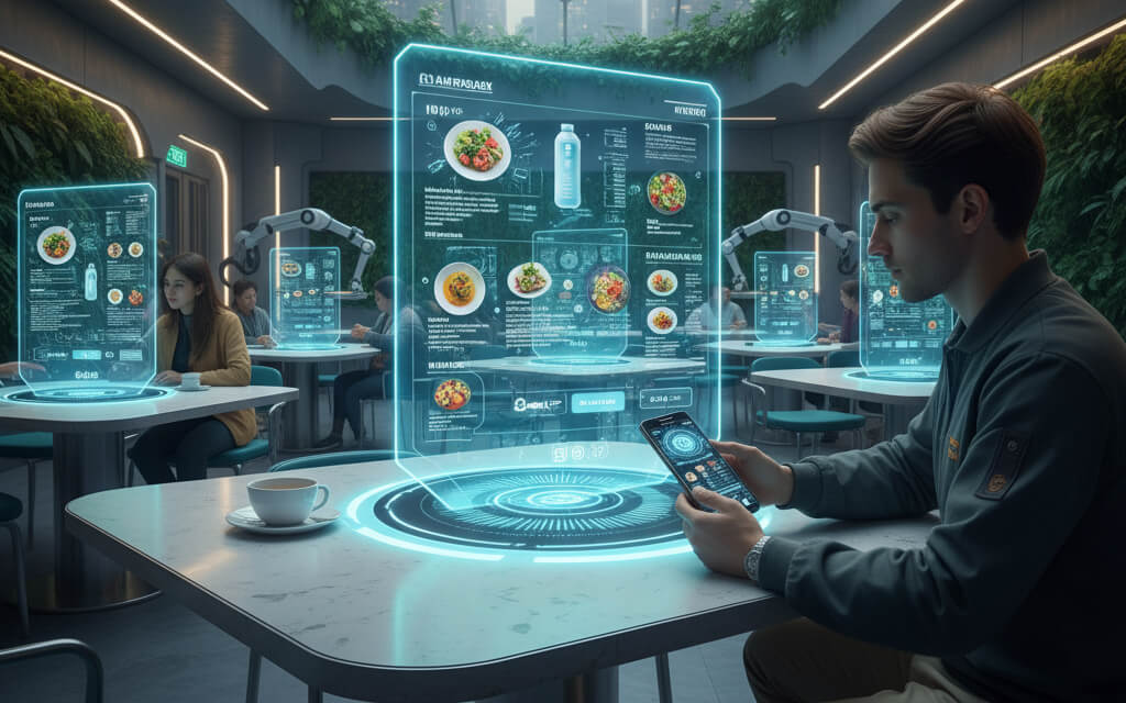 Futuristic restaurant with AI-powered branding and eco-friendly design in 2030