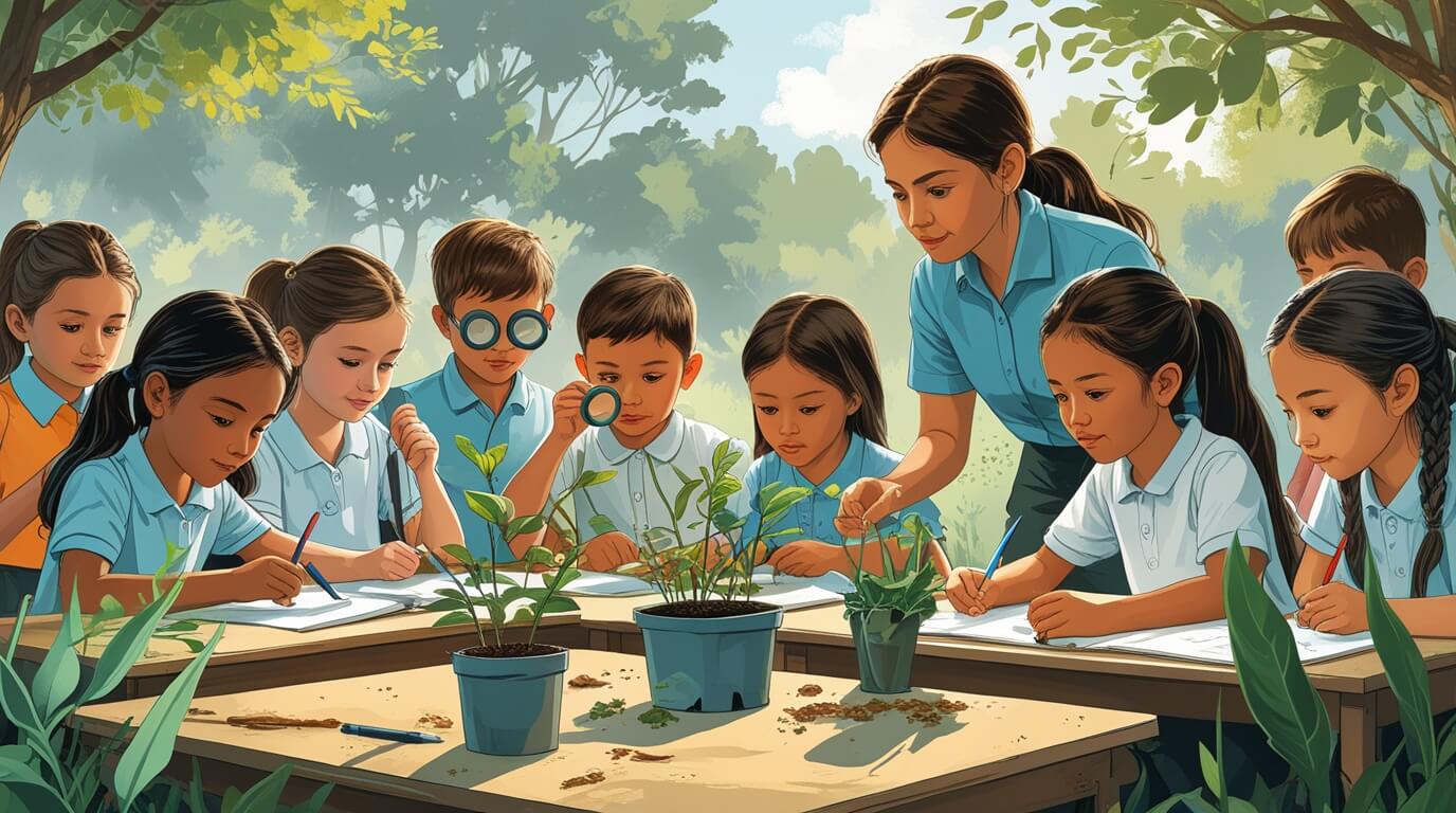 Children exploring nature outdoors, studying plants, playing team games, and learning in a hands-on environment guided by a teacher.