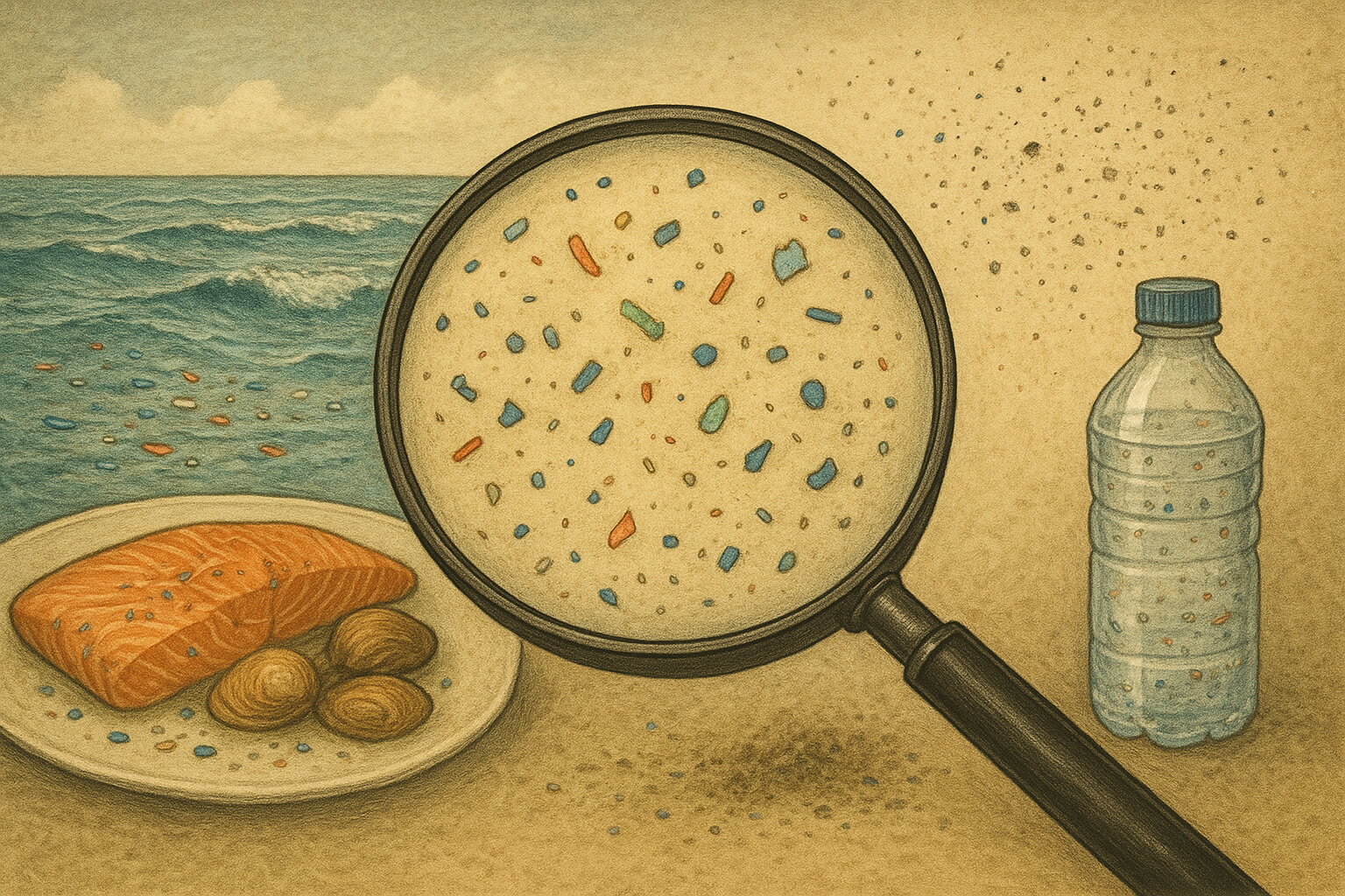 Illustration showing microplastics in water, food, and air, with a magnifying glass highlighting their hidden impact on health and the environment.