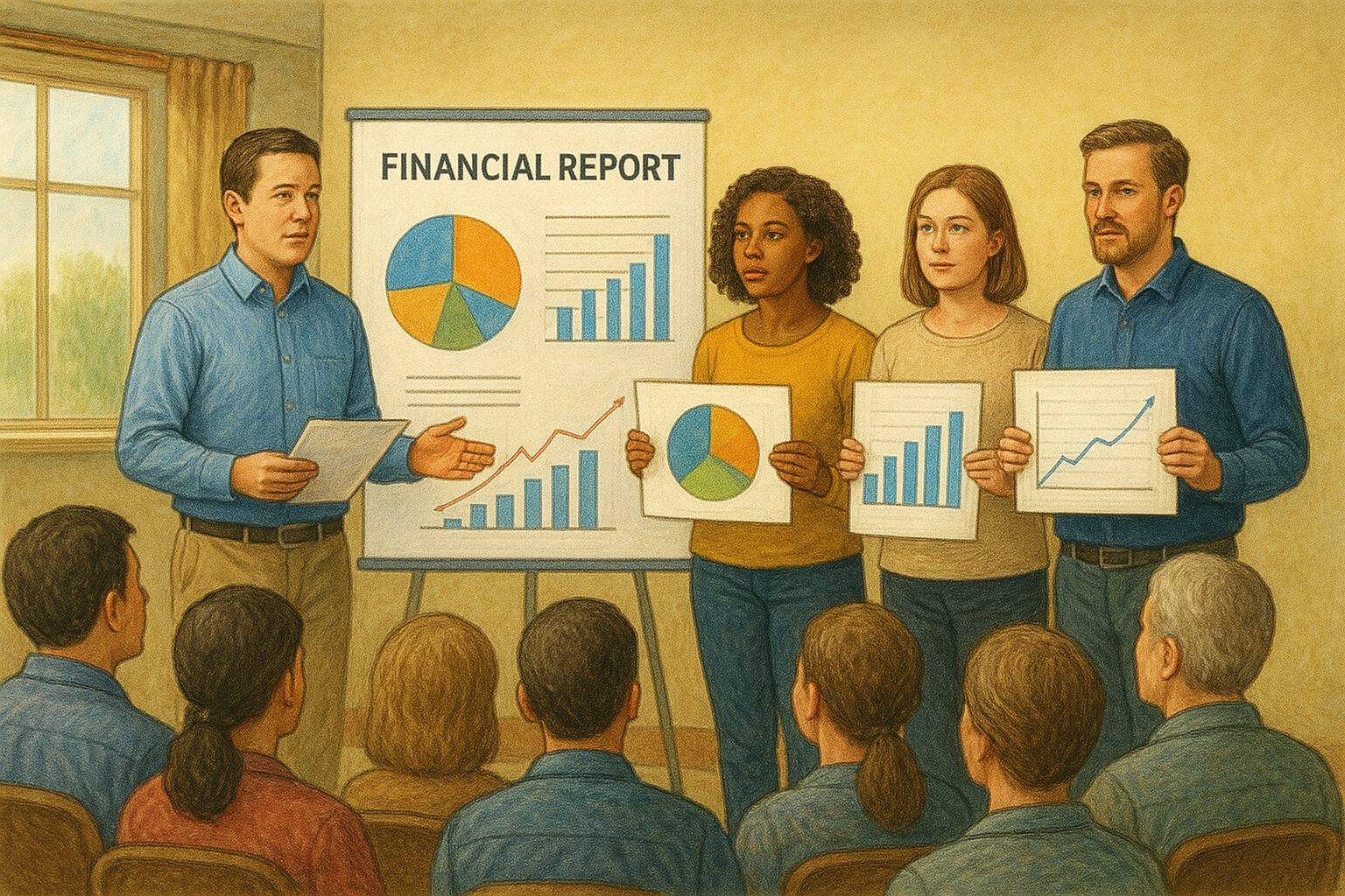 Non-profit team presenting financial reports and charts to a community, symbolizing transparency and accountability.