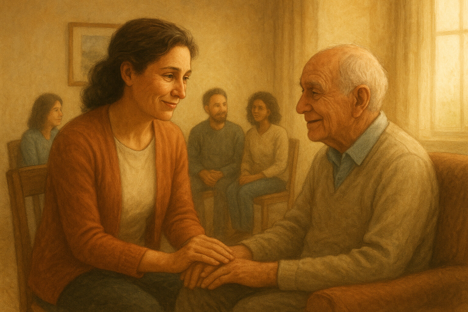 A caregiver receiving support and encouragement from a community group, symbolizing shared resources and compassion.