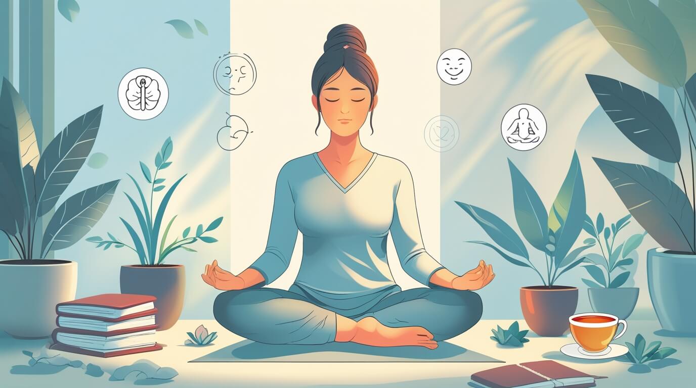 Person practicing mindfulness meditation with calming surroundings, symbolizing mental health awareness and stress management.