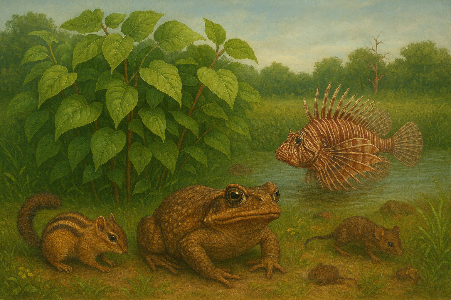 Illustration of invasive species overtaking native wildlife habitats, showing ecosystem imbalance and biodiversity threats.