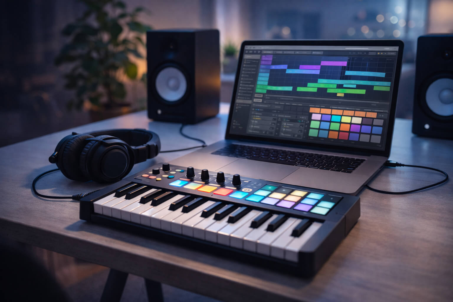 Beginner-friendly MIDI keyboard connected to a laptop with music production software, representing the best MIDI keyboards for beginners in 2026.