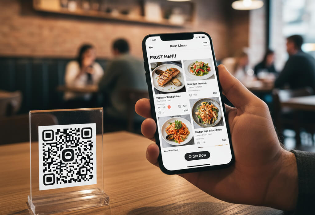 Digital restaurant menu viewed on a smartphone after scanning a QR code in a modern restaurant.