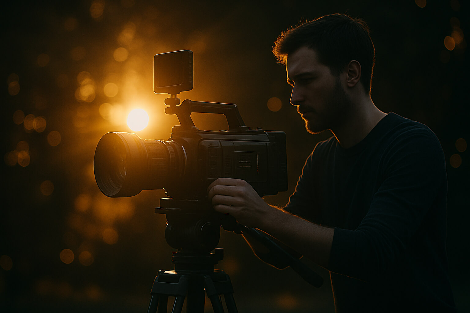 Filmmaker setting up a professional cinema camera on a tripod during golden hour with cinematic lighting and background bokeh