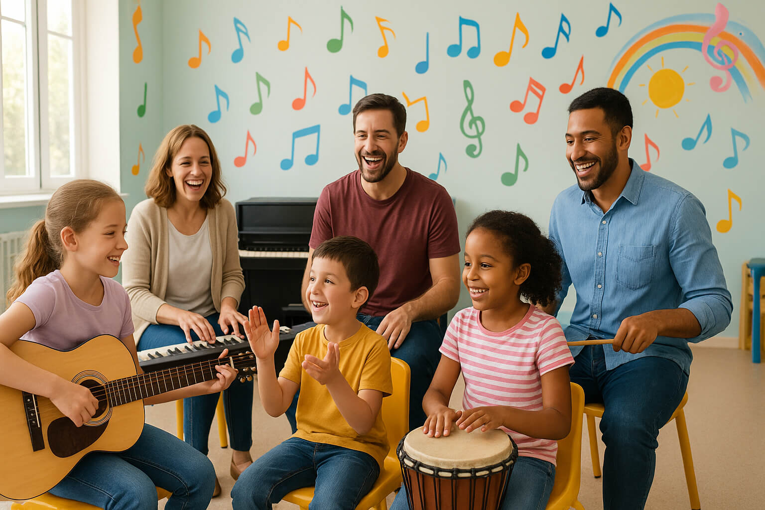 Children and adults playing interactive music games with instruments