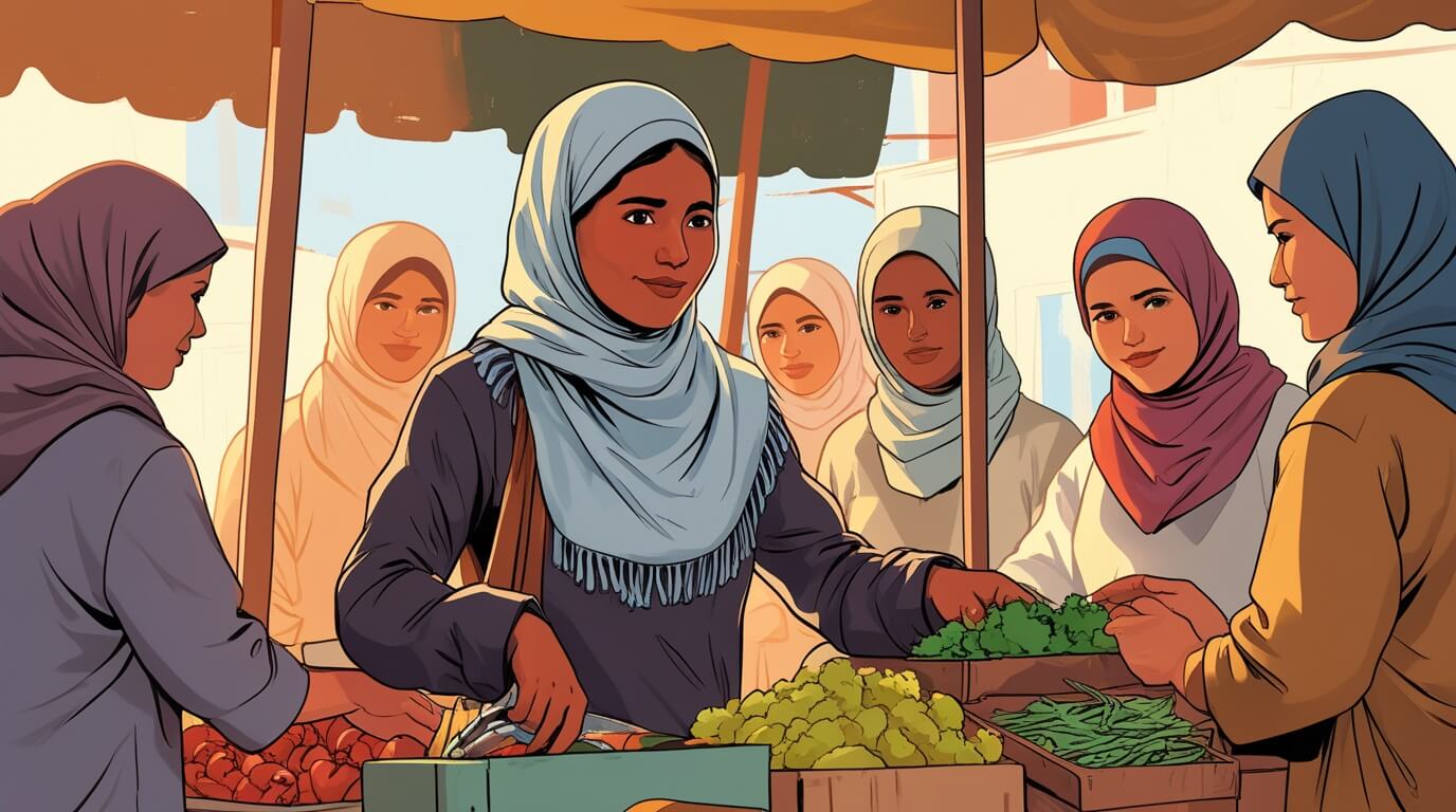 A refugee entrepreneur working at a small shop with supportive community members, symbolizing self-sufficiency and resilience.