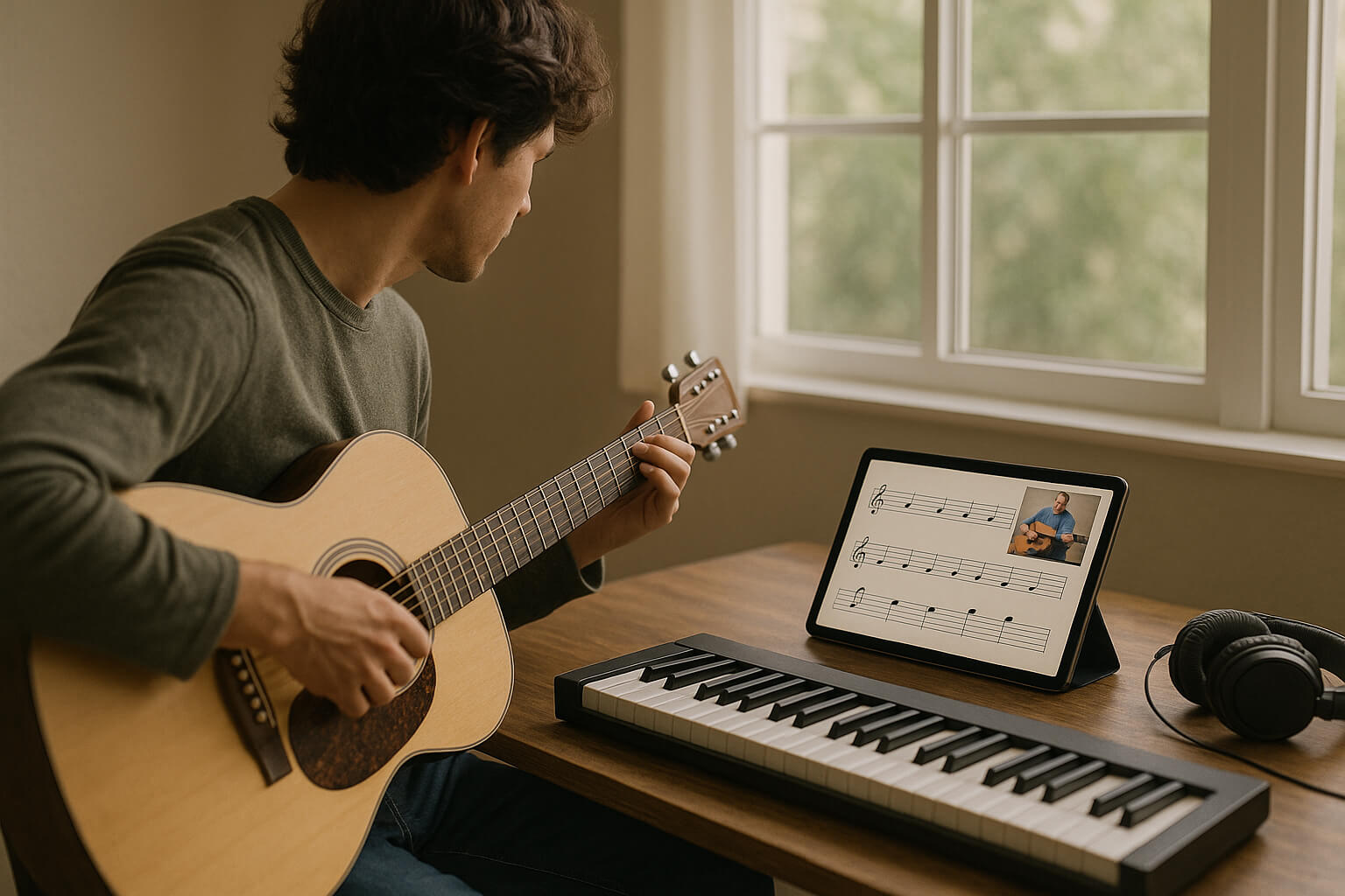Beginner practicing music with guitar and digital lessons, showing how progress builds over time with the right tools.