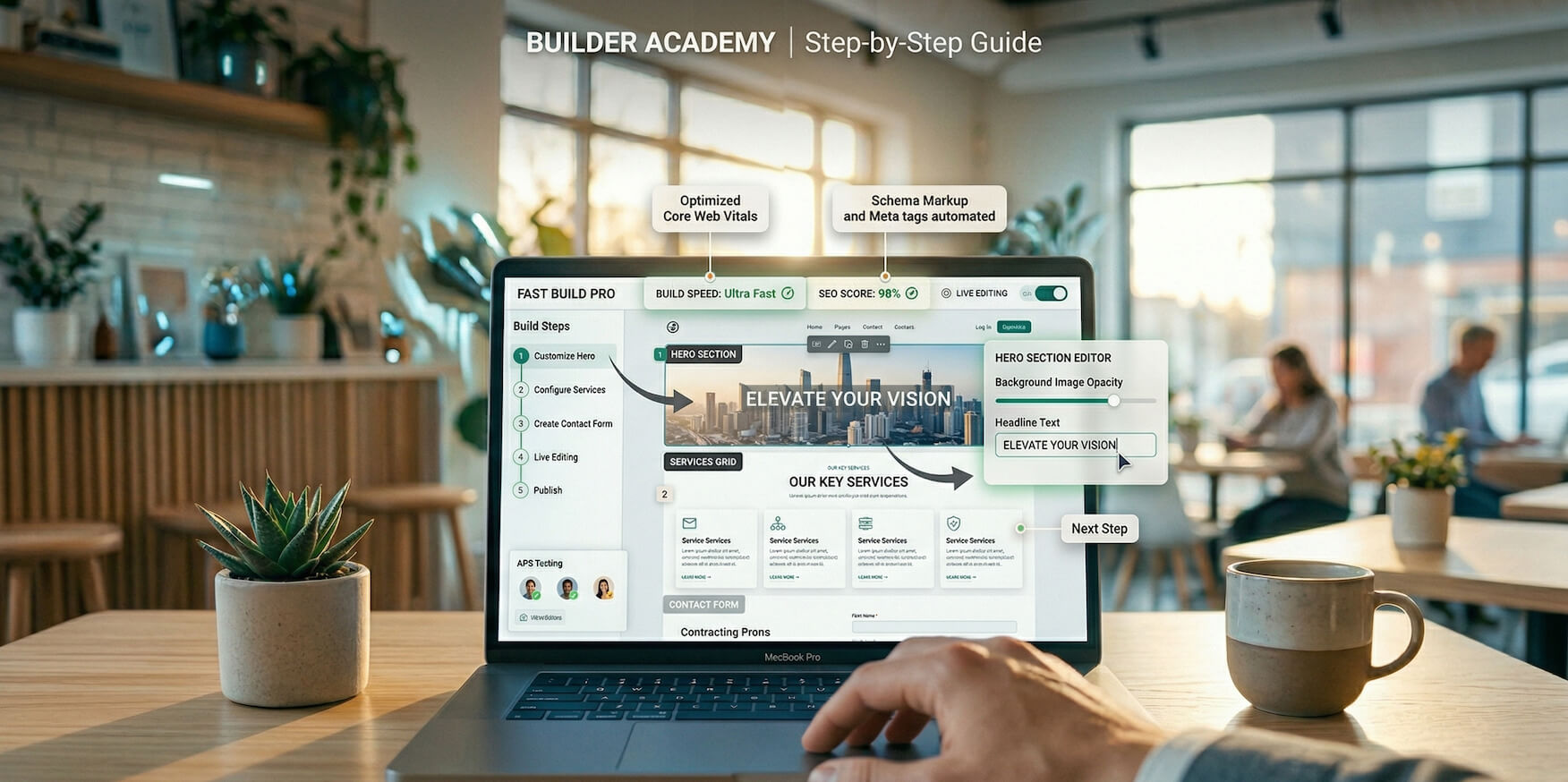 Step-by-step demo of building a website using a no-code website builder